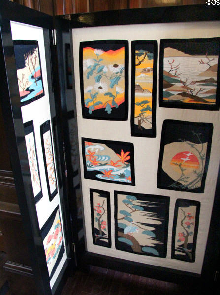Japanese embroideries on a screen at Broughton House. Kirkcudbright, Scotland.