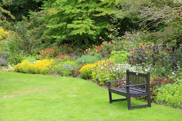 Flower bed with bench at Threave Garden. Rhonehouse, Scotland.