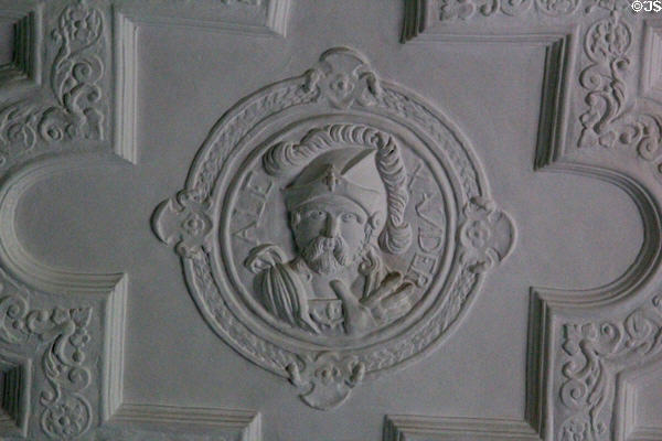 Roundel with Alexander the Great on The Hall ceiling at Craigievar Castle. Alford, Scotland.