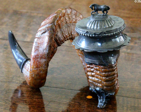 Snuff box of big horn sheep horn with cover with horse figure at Craigievar Castle. Alford, Scotland.