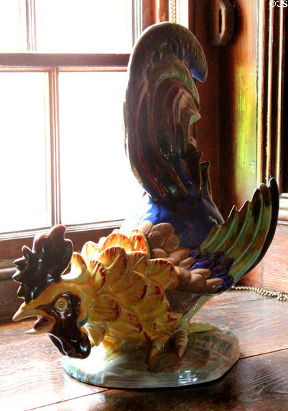 Portuguese ceramic rooster in ladies withdrawing room at Craigievar Castle. Alford, Scotland.