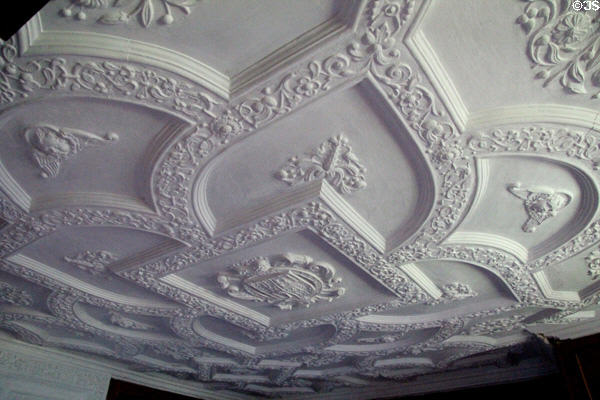 Sculpted plaster ceiling in Blue room at Craigievar Castle. Alford, Scotland.
