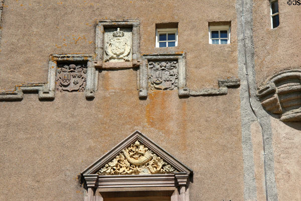 Family crests on Crathes Castle. Crathes, Scotland.