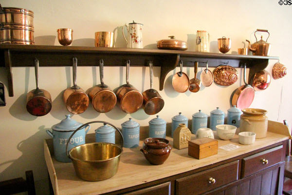 Copper pans & ceramic food containers at Crathes Castle. Crathes, Scotland.
