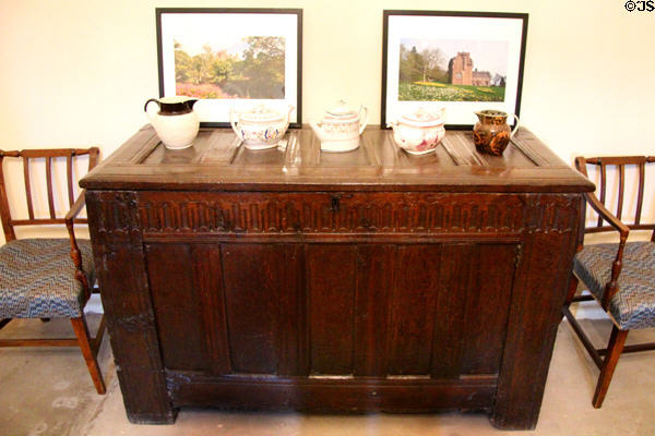 Chest supporting pitchers in guard room at Crathes Castle. Crathes, Scotland.