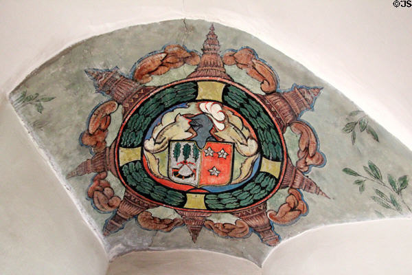 Burnett coat of arms ceiling painting in High Hall at Crathes Castle. Crathes, Scotland.