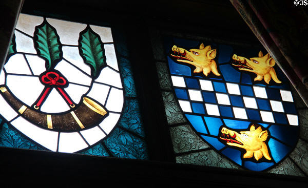 Stained glass crests at Crathes Castle. Crathes, Scotland.