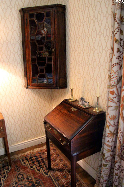 Slope-front desk with corner display case in Laird's bedroom at Crathes Castle. Crathes, Scotland.