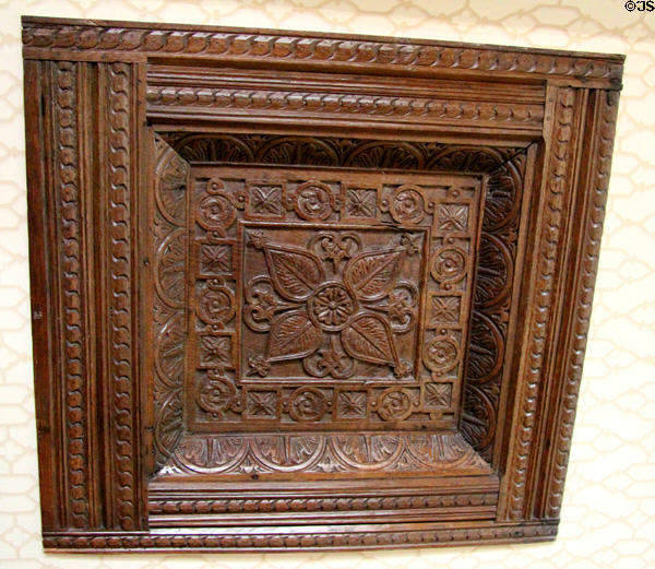 Carved panel in Laird's bedroom at Crathes Castle. Crathes, Scotland.