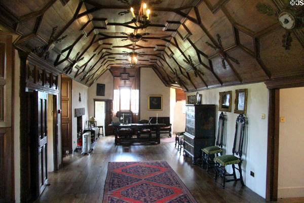 Gallery with oak panel ceiling (1670s) at Crathes Castle. Crathes, Scotland.