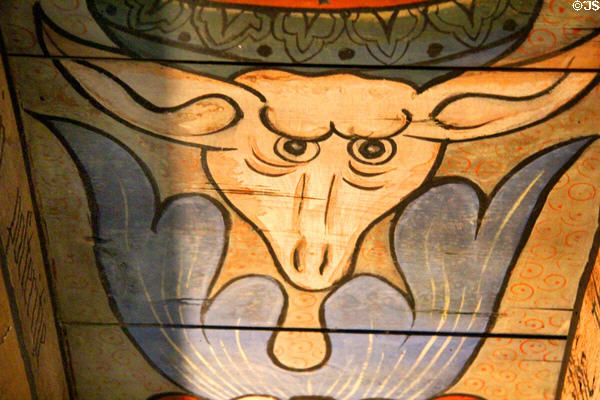 Cow's head on ceiling painting in Green Lady's room at Crathes Castle. Crathes, Scotland.