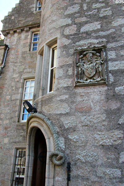 Facade stone carvings at Drum Castle. Drumoak, Scotland.