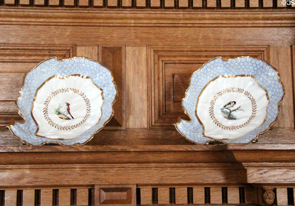 Freeform desert plates painted with birds at Drum Castle. Drumoak, Scotland.