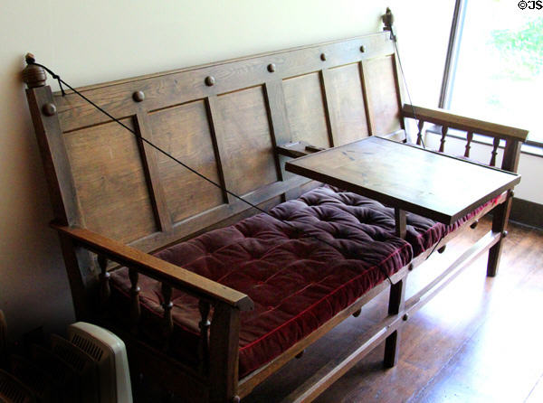 Wooden bench with fold down center table at Drum Castle. Drumoak, Scotland.