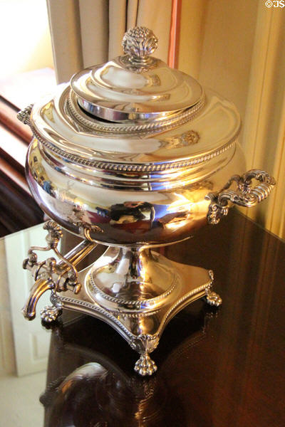 Silver hot water or tea urn at Castle Fraser. Aberdeenshire, Scotland.