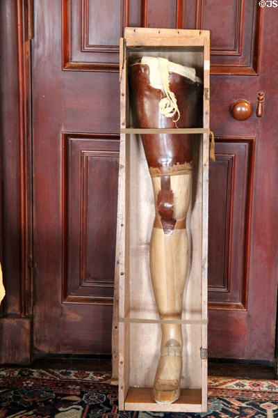 Wooden leg with knee hinged for riding of Capt. Charles Mackenzie Fraser of Coldstream Guards wounded in Peninsular War (1812) at Castle Fraser. Aberdeenshire, Scotland.