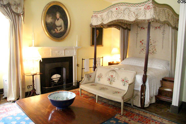Worked bedroom with needlework (18thC) of armorial flowers at Castle Fraser. Aberdeenshire, Scotland.
