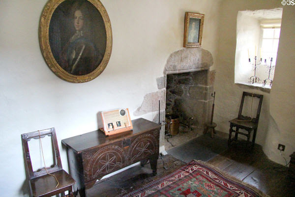 Chapel with portrait of exiled Old Pretender, son of James II & father of Bonnie Prince Charlie over engraved chest at Castle Fraser. Aberdeenshire, Scotland.
