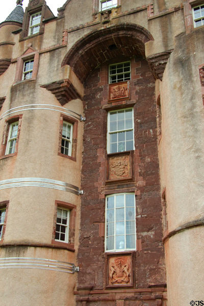 Crest on facade of Fyvie Castle. Turriff, Scotland.
