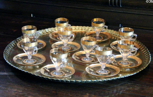 Silver tray with gold-trimmed tea glasses at Fyvie Castle. Turriff, Scotland.