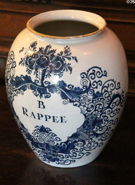 Blue ceramic tobacco jar in dining room at Fyvie Castle. Turriff, Scotland.