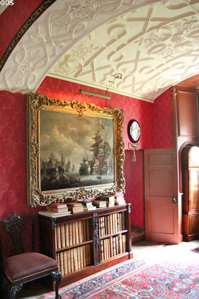 Small library with arched sculpted plaster ceiling at Fyvie Castle. Turriff, Scotland.