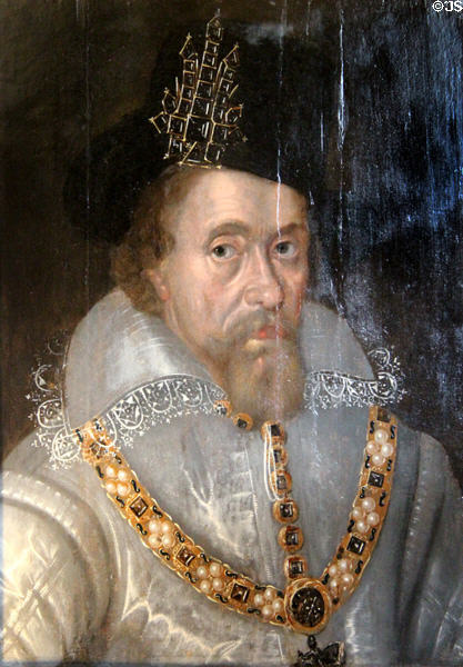 James VI of Scotland / I of England (1566-1625) portrait by circle of John de Critz the elder at Fyvie Castle. Turriff, Scotland.
