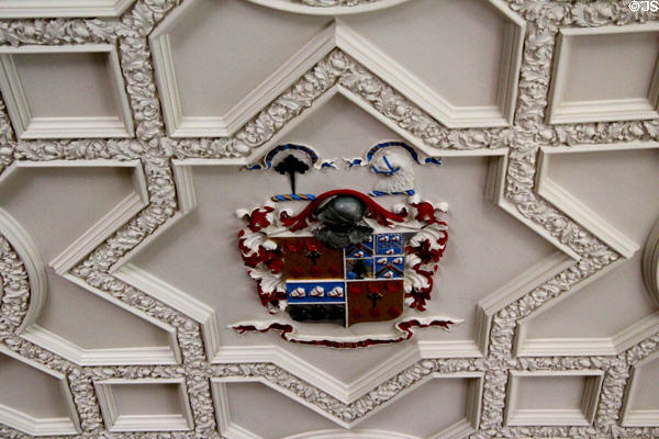 Heraldic plaster ceiling in drawing room at Fyvie Castle. Turriff, Scotland.
