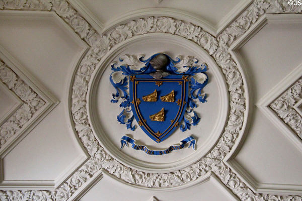 Heraldic plaster ceiling in drawing room at Fyvie Castle. Turriff, Scotland.