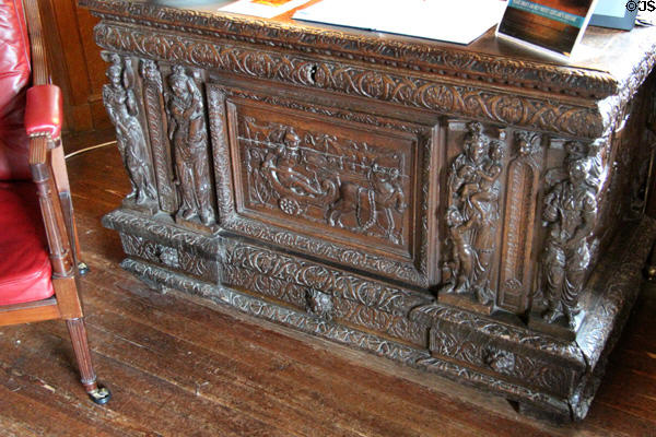 Carved chest in entrance hall at Haddo House. Methlick, Scotland.