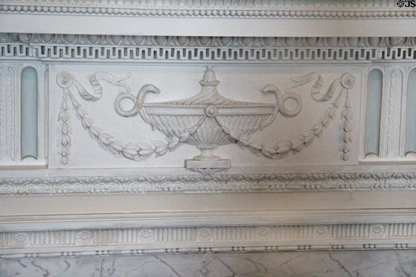 Adamesque bedroom fireplace mantle with snake-handle urn at Haddo House. Methlick, Scotland.