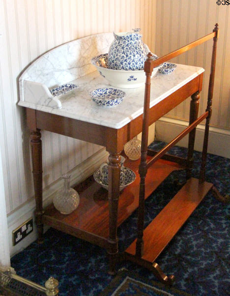 Bedroom washstand with basin & pitcher set plus towel rack at Haddo House. Methlick, Scotland.