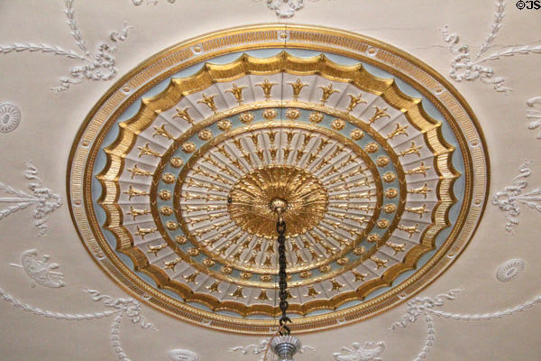 Adamesque Drawing room ceiling detail of round decoration at Haddo House. Methlick, Scotland.