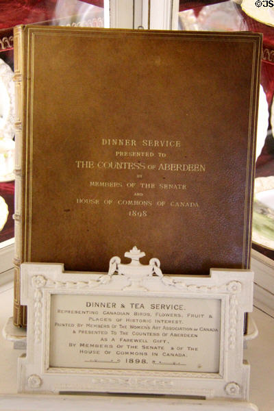 Presentation book for dinner service (1898) given to Countess of Aberdeen by members of Parliament of Canada & painted by Women's Art Assoc. of Canada at Haddo House. Methlick, Scotland.