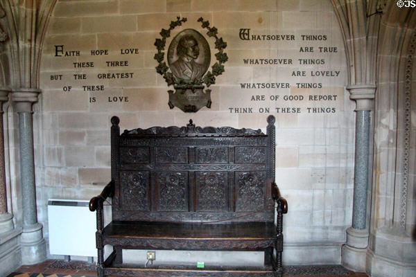 Carved bench (1605) in chapel at Haddo House. Methlick, Scotland.