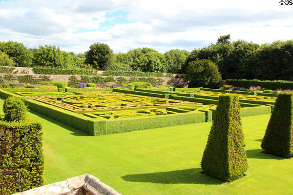 Walled Pitmedden Garden surrounded by walls which warmed interior climate run by National Trust for Scotland. Pitmedden, Scotland.