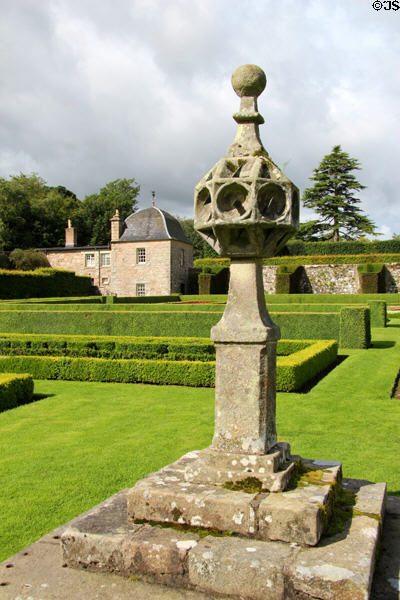 Octagonal facet head sundial of typical Scottish design at Pitmedden Garden. Pitmedden, Scotland.