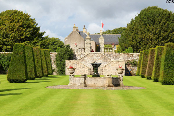 House & walls of Pitmedden Garden. Pitmedden, Scotland.