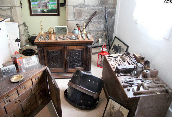 Collection of rural domestic & farming items in Museum of Farming Life at Pitmedden Garden. Pitmedden, Scotland.