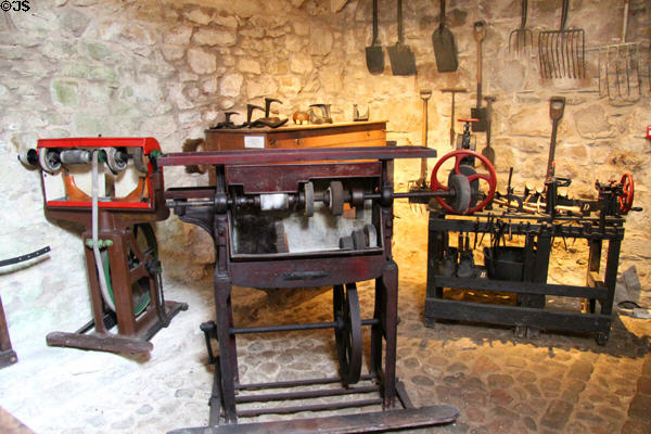 Leatherworking equipment in Museum of Farming Life at Pitmedden Garden. Pitmedden, Scotland.