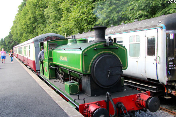 Trains pass at rail station at Royal Deeside Railway. Scotland.