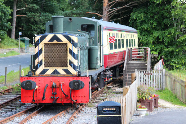 Switch engine with passenger car at Royal Deeside Railway. Scotland.