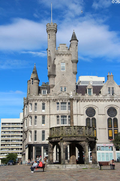 Salvation Army Citadel (1893-6) & Mercat Cross (1686) on Castlegate square. Aberdeen, Scotland.