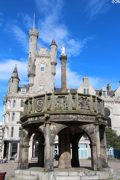 Mercat Cross (1686) by John Montgomery of Old Rayne on Castlegate square. Aberdeen, Scotland.