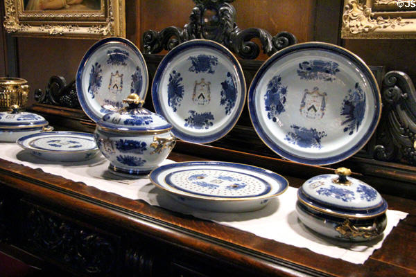 Serving dishes with family coat of arms at Brodie Castle. Brodie, Scotland.