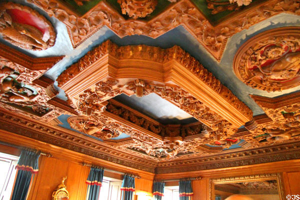Sculptured ceiling in dining room at Brodie Castle. Brodie, Scotland.