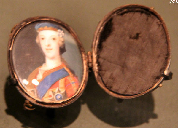 Miniature portrait of Bonnie Prince Charlie (c1745-6) wearing bonnet with white cockade (the Jacobite badge) at Culloden Moor Visitor Centre. Culloden Moor, Scotland.