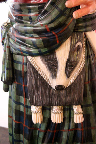 Detail showing badger sporran on ceramic statuette of Black Watch (42nd regiment) soldier at Cawdor Castle. Cawdor, Scotland.