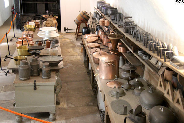 Pots & pans in old kitchen at Cawdor Castle. Cawdor, Scotland.