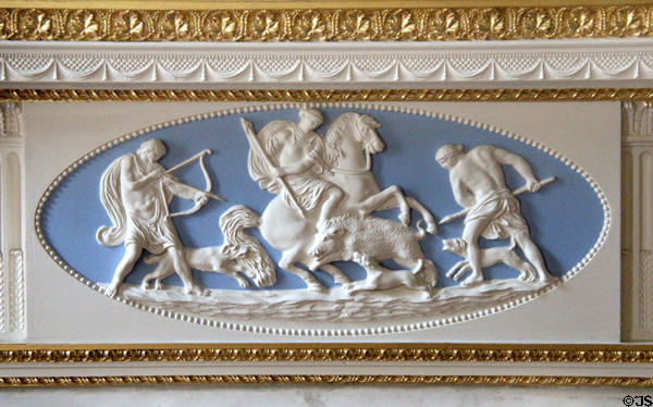 William Adam oval of boar hunters on North drawing room fireplace at Duff House. Banff, Scotland.
